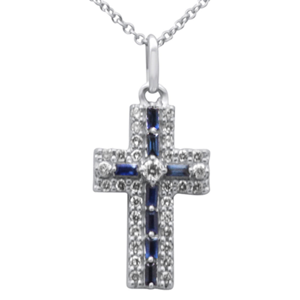 ''SPECIAL! .40ct G SI 14K White Gold Diamond & Blue Sapphire Gemstone Cross Pendant NECKLACE 16'''' + 2