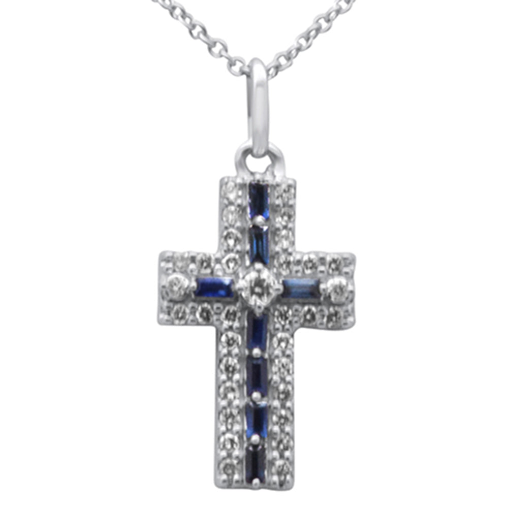 ''SPECIAL! .40ct G SI 14K White GOLD Diamond & Blue Sapphire Gemstone Cross Pendant Necklace 16'''' + 2