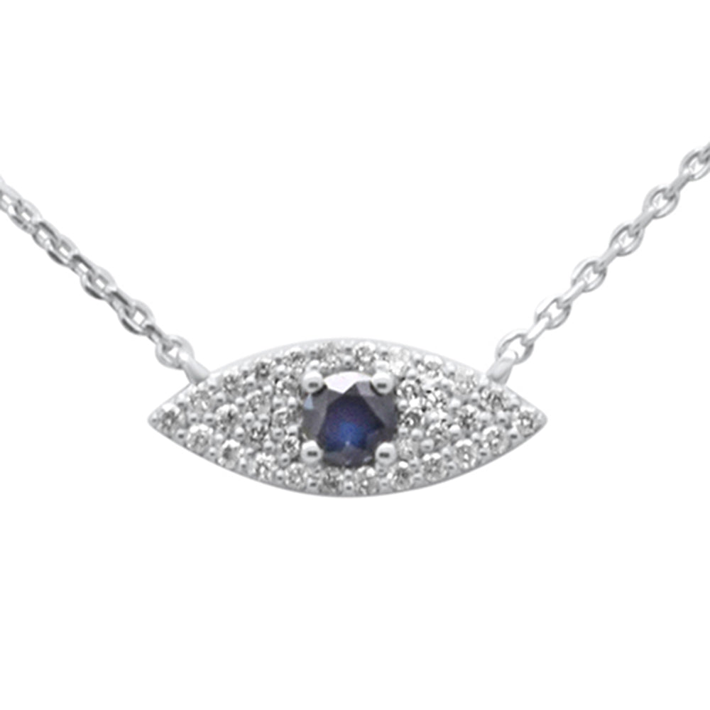 ''SPECIAL! .43ct G SI 14K White Gold DIAMOND & Blue Sapphire Gemstone Evil Eye Pendant Necklace 16'''' 