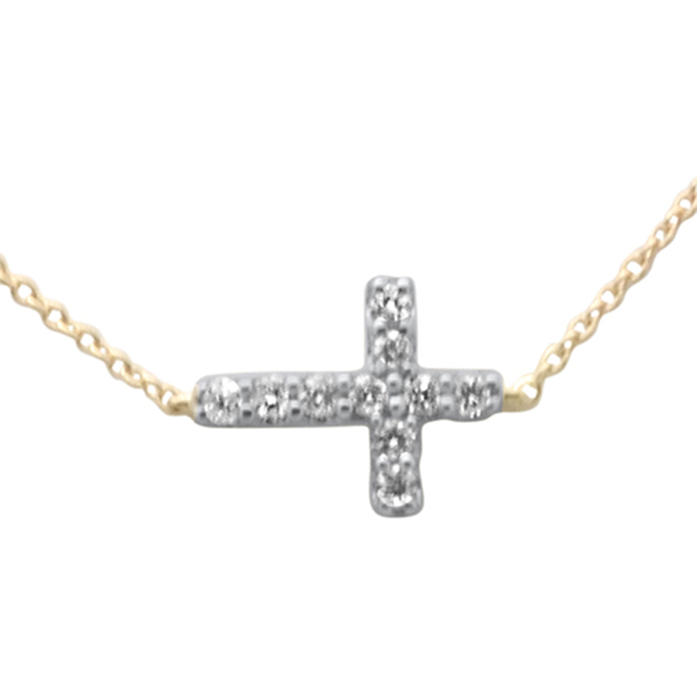 ''.19ct G SI 14K Yellow Gold Diamond Sideways Cross PENDANT Necklace 16'''' + 2'''' Ext.''