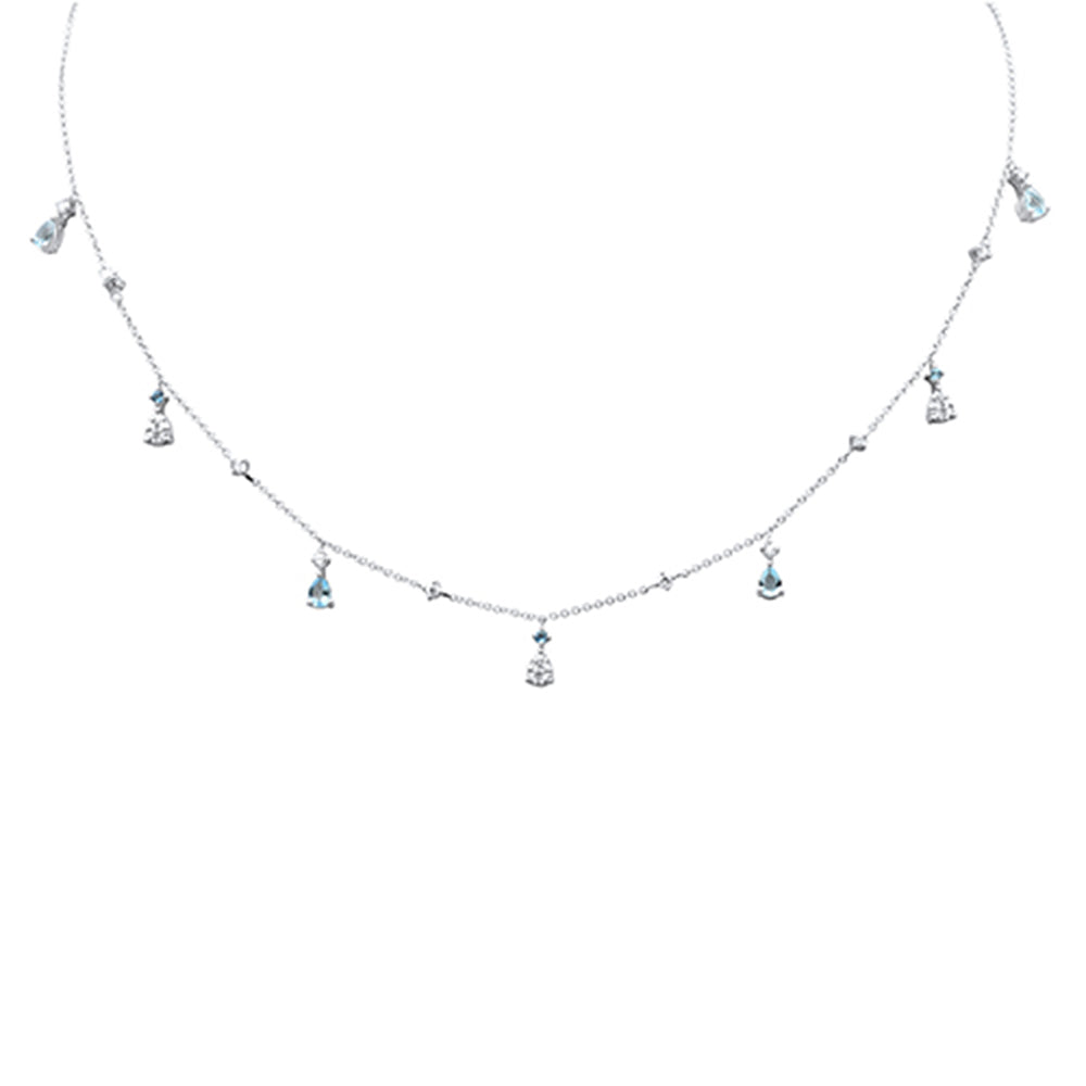 ''.92ct G SI 14K White Gold Diamond & AQUAMARINE Gemstone Dangling Pendant Necklace 16'''' + 2'''' Ext''