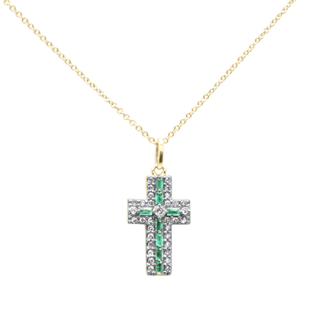 ''.35ct G SI 14K Yellow Gold DIAMOND & Emerald Gemstone Cross Pendant Necklace 16'''' + 2'''' Ext''