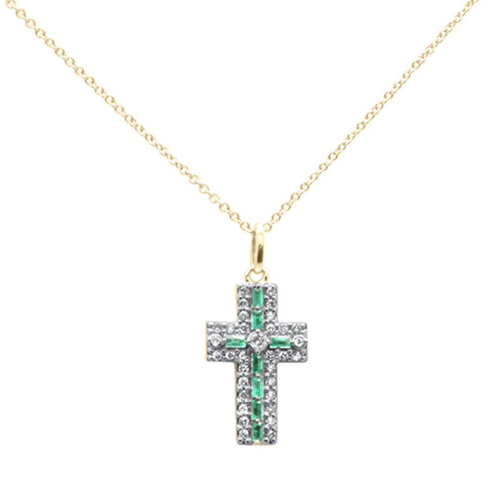 ''.35ct G SI 14K Yellow GOLD Diamond & Emerald Gemstone Cross Pendant Necklace 16'''' + 2'''' Ext''