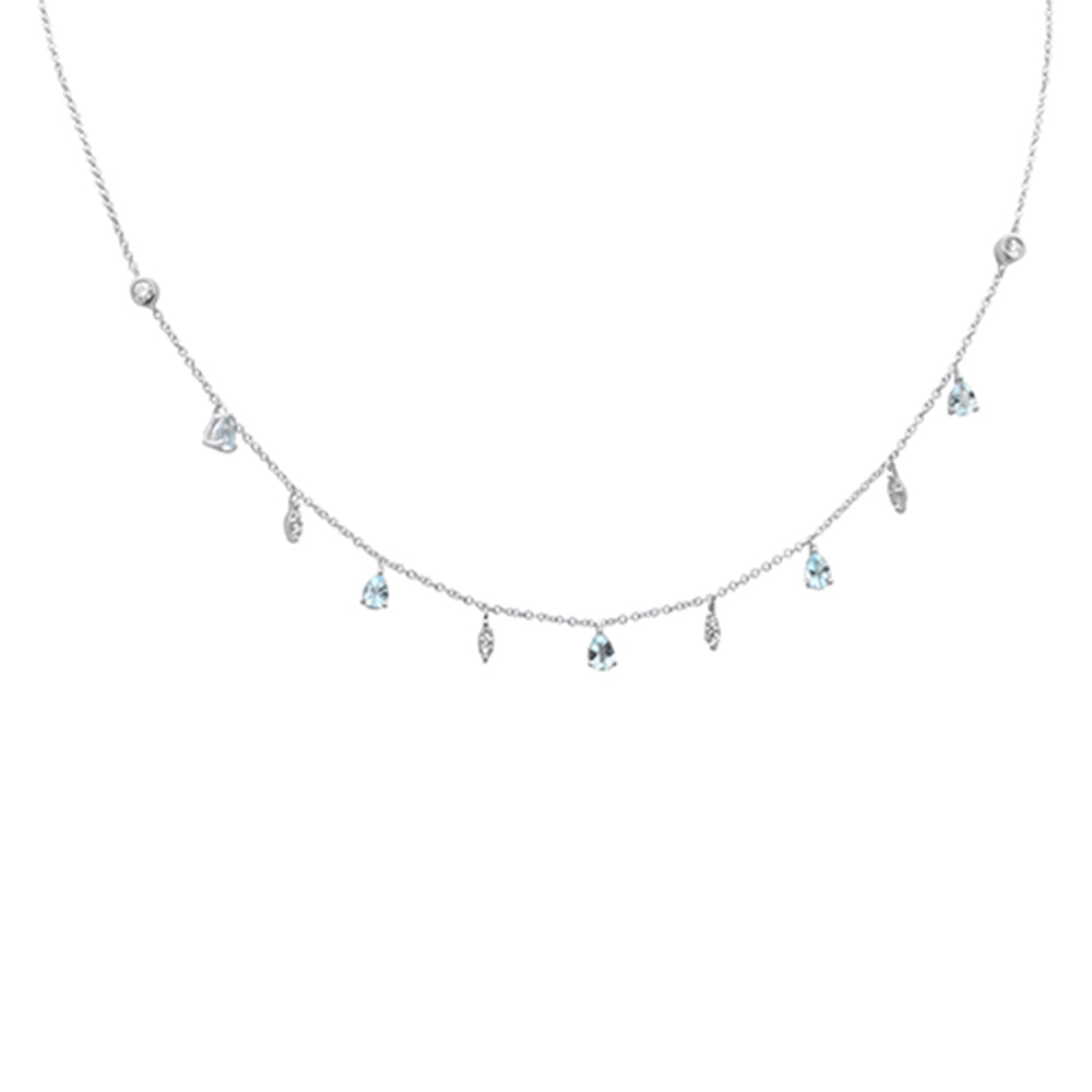 ''.82ct G SI 14K White Gold Diamond & Aquamarine Gemstone Dangling Pendant NECKLACE 16'''' + 2'''' Ext''