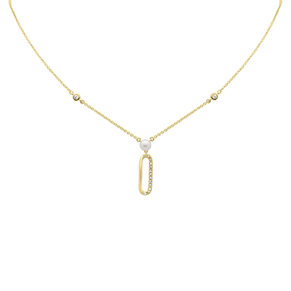 ''.08ct G SI 14K Yellow Gold Diamond Paperclip & Pearl Pendant NECKLACE 16'''' + 2'''' EXT''