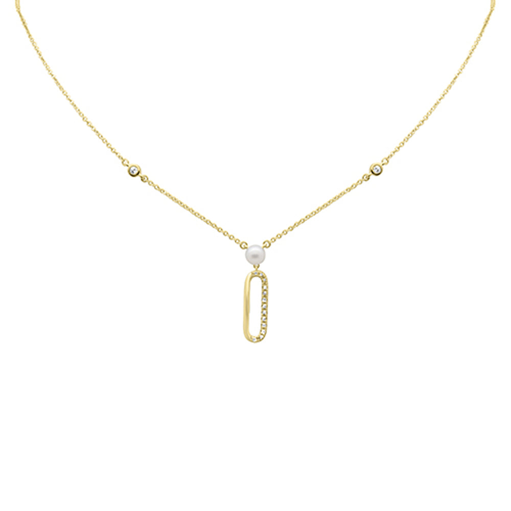 ''.08ct G SI 14K Yellow Gold DIAMOND Paperclip & Pearl Pendant Necklace 16'''' + 2'''' EXT''