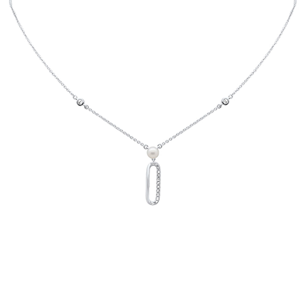 ''.08ct G SI 14K White Gold DIAMOND Paperclip & Pearl Pendant Necklace 16'''' + 2'''' EXT''