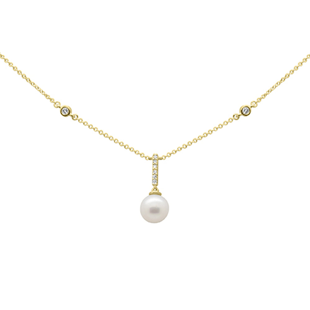 ''.08ct G SI 14K Yellow GOLD Diamond Dangling Pearl Pendant Necklace 16'''' + 2'''' EXT''