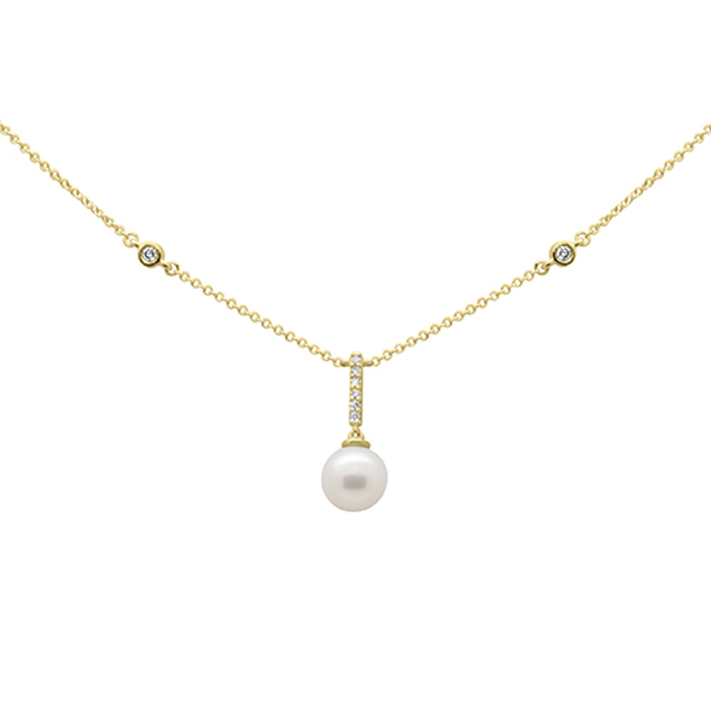 ''.08ct G SI 14K Yellow Gold DIAMOND Dangling Pearl Pendant Necklace 16'''' + 2'''' EXT''