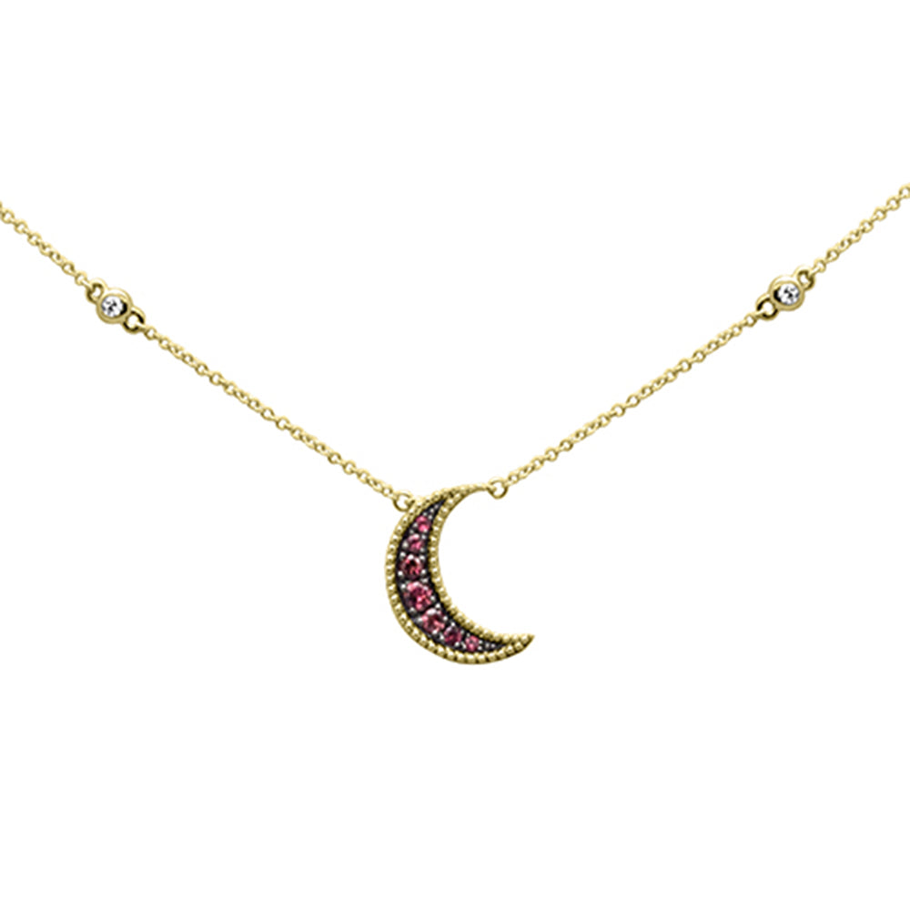 ''.04ct,.21ct G SI 14K Yellow Gold Diamond Pink Tourmaline Half-Moon NECKLACE 18''''Long''