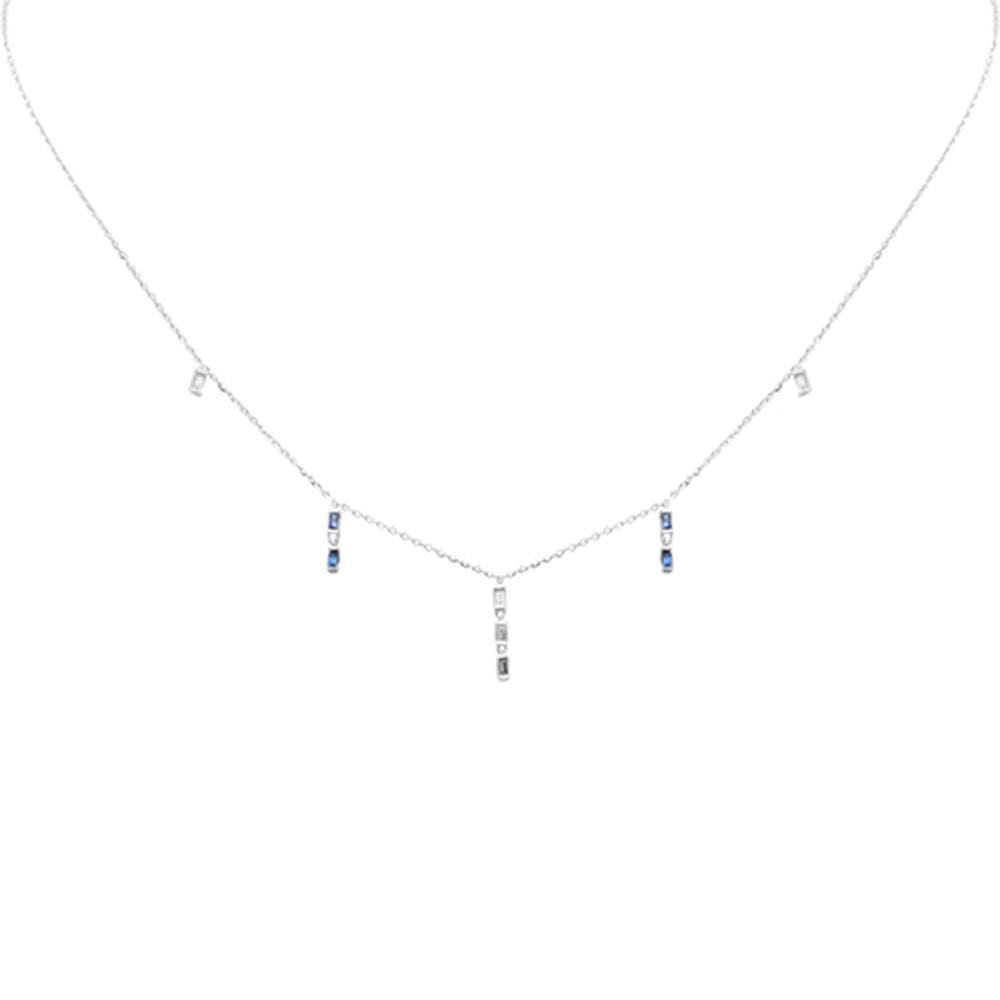 ''.25ct F SI 14K White Gold DIAMOND & Blue Sapphire Dangling Pendant Necklace 16'''' + 2'''' Long''