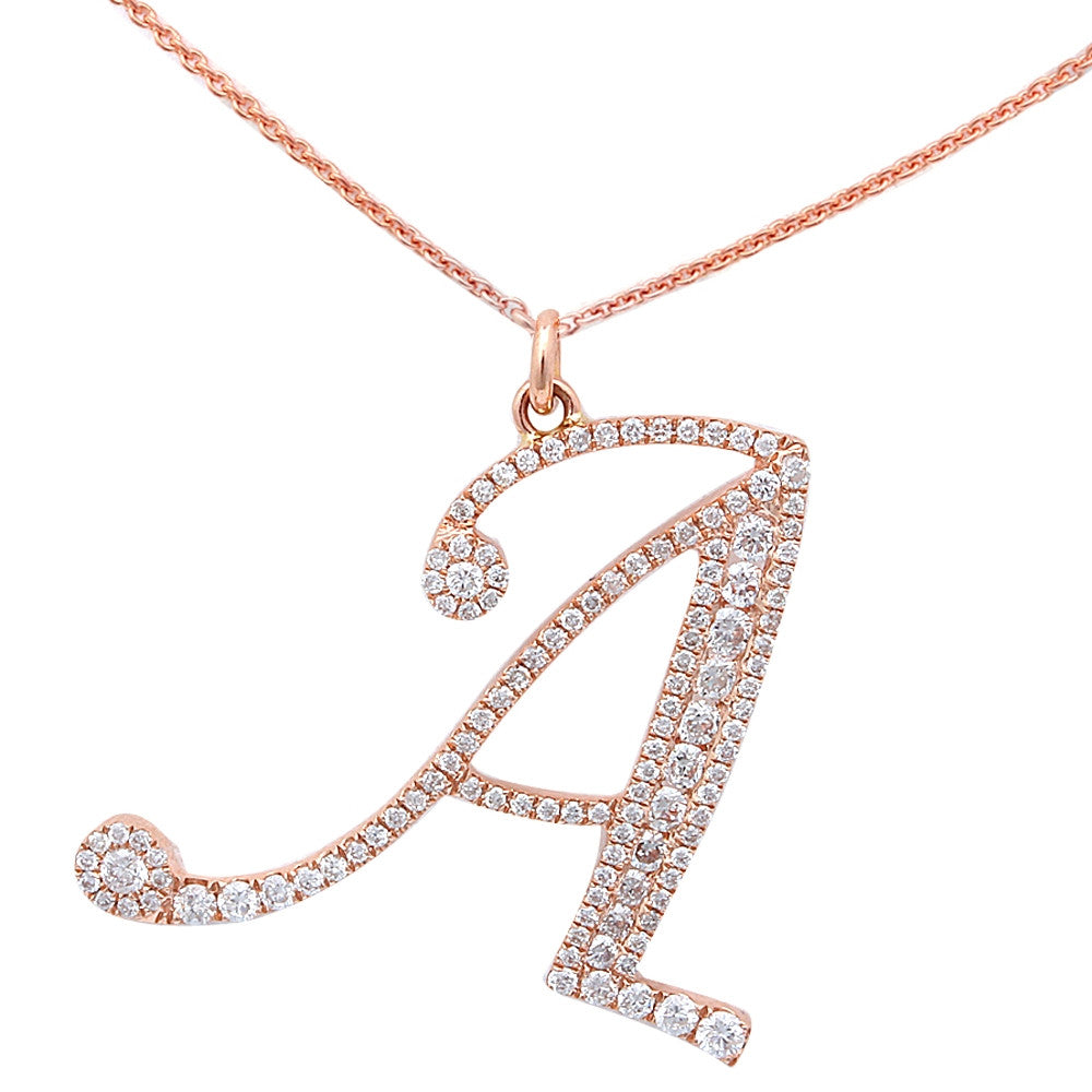 ''.71ct Diamond Initial ''''A'''' Script Pendant NECKLACE 14kt Rose Gold 17'''' Chain''