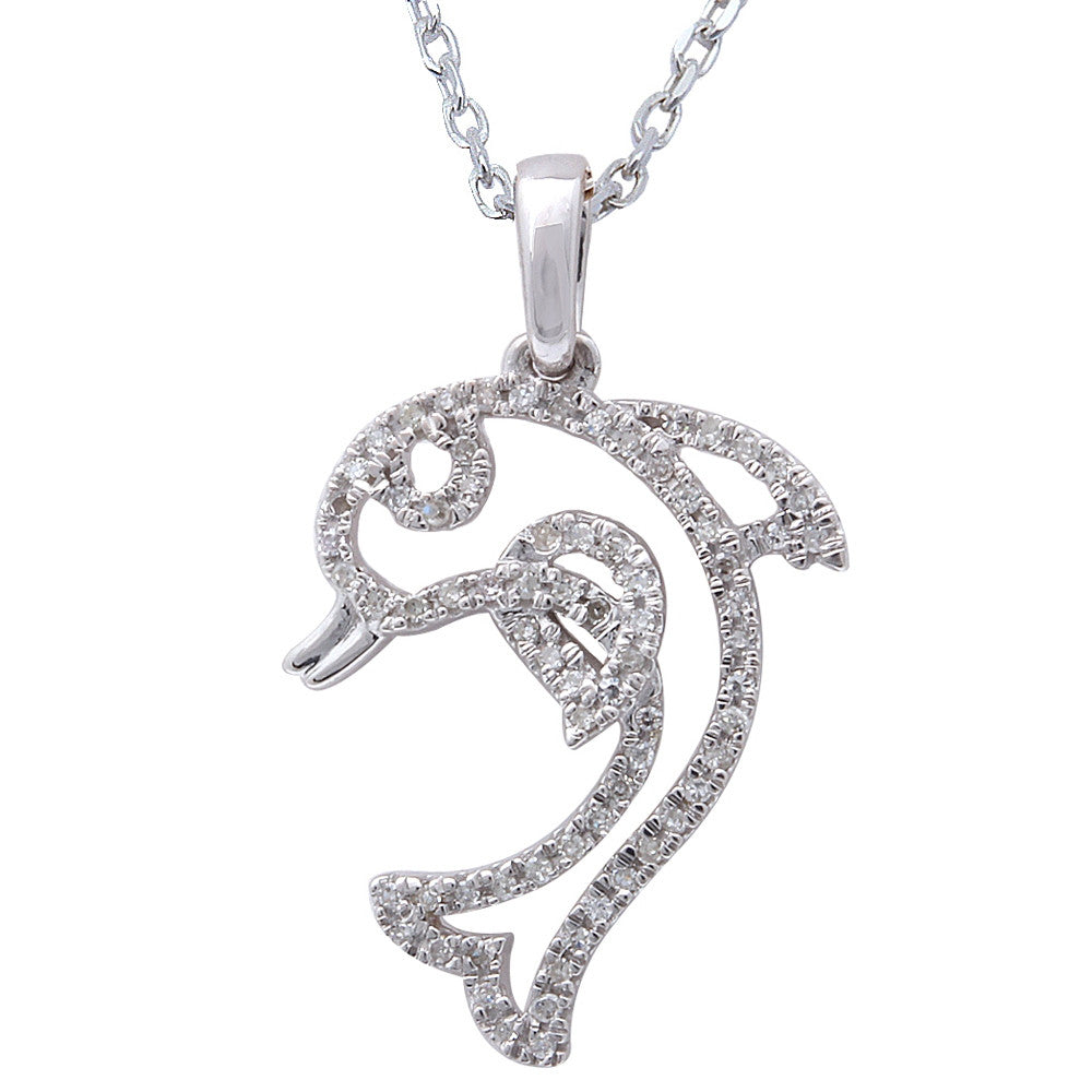 ''.11ct F SI Diamond Dolphin Fish Pendant 14kt White GOLD 18'''' Long''