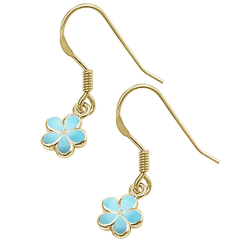 Yellow Gold Plated Natural Larimar Plumeria .925 STERLING SILVER Earrings