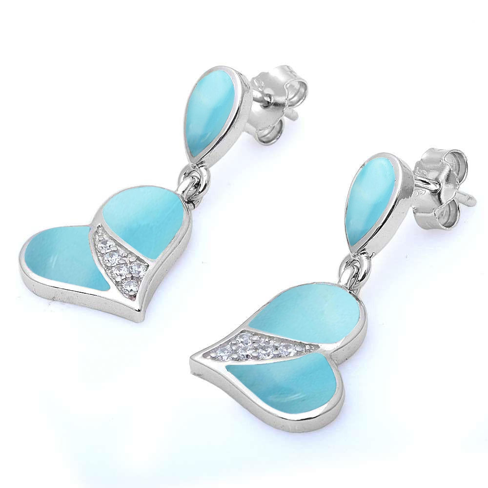 Natural Larimar & CZ Heart Design Drop Earring .925 STERLING SILVER Earrings