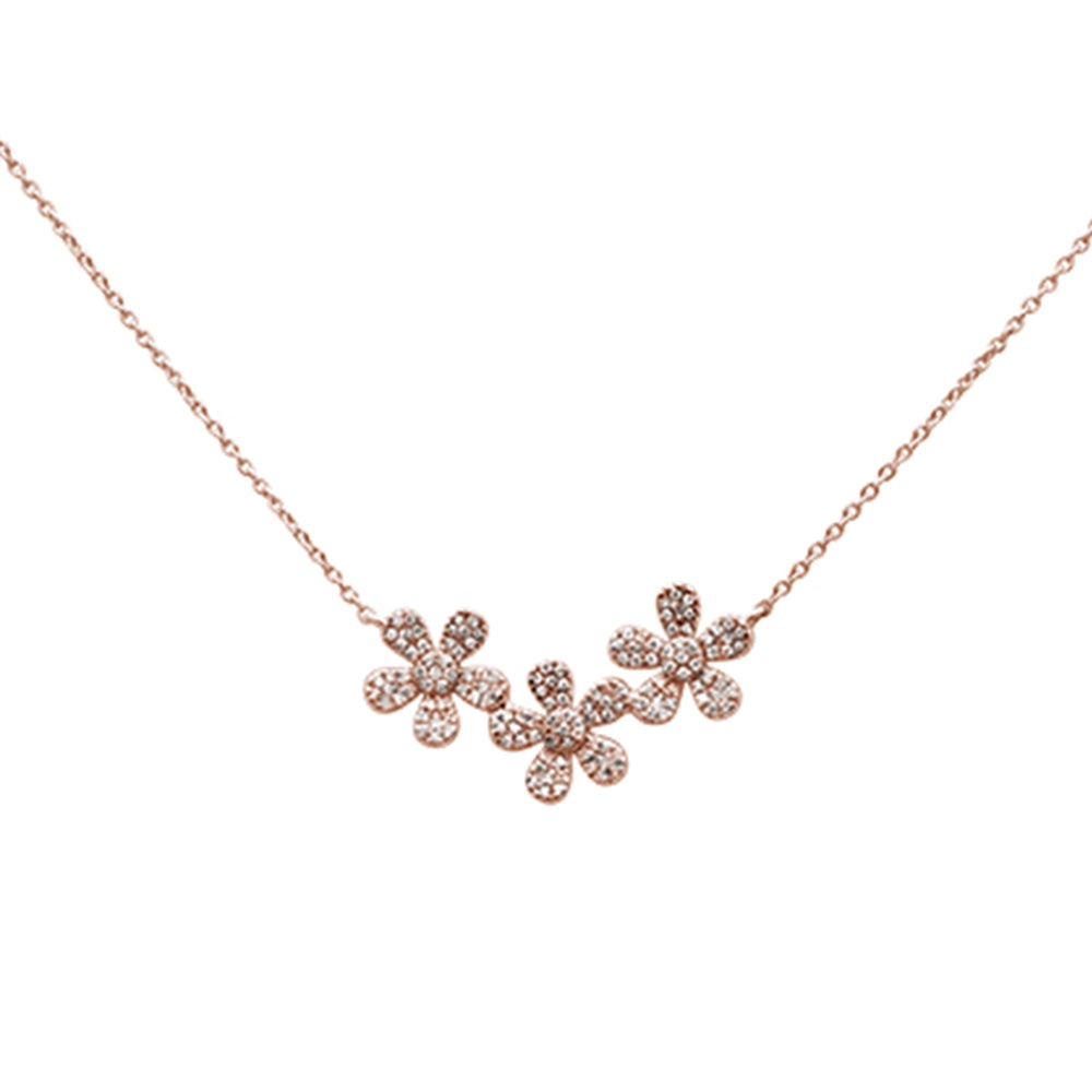 ''SPECIAL! .23ct 14k Rose GOLD Diamond Three Flower Pendant Necklace 16'''' + 2'''' Ext''