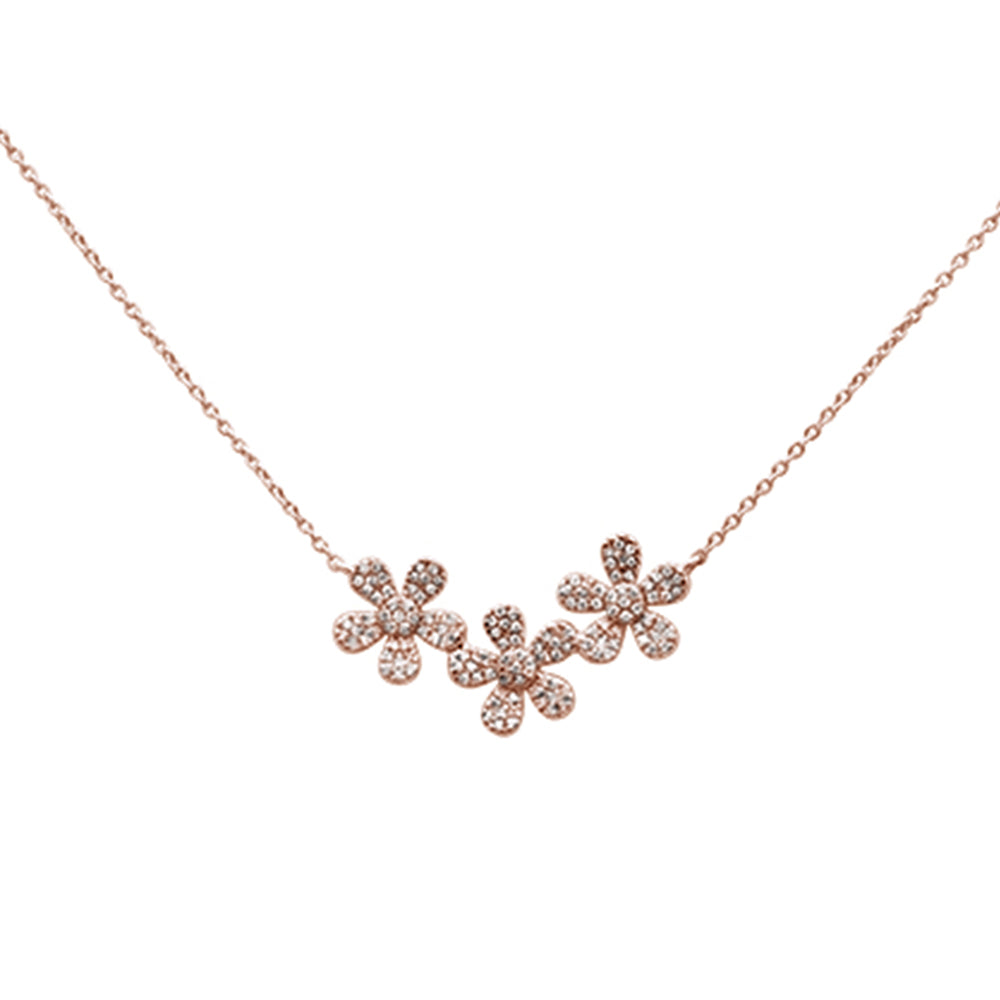 ''SPECIAL! .23ct 14k Rose Gold DIAMOND Three Flower Pendant Necklace 16'''' + 2'''' Ext''