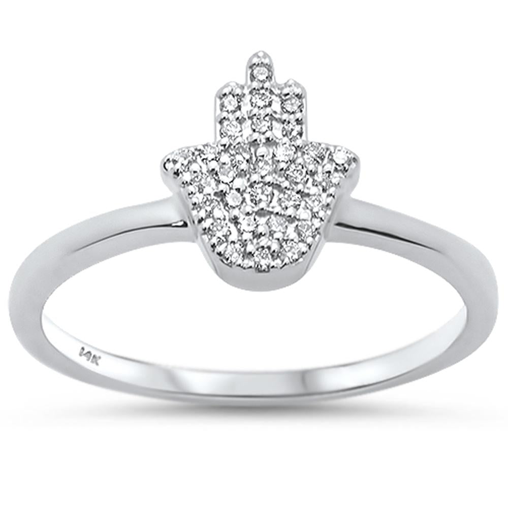 ''SPECIAL! .12ct 14k White Gold Diamond Hand of Hamsa Chai RING Size 6.5''