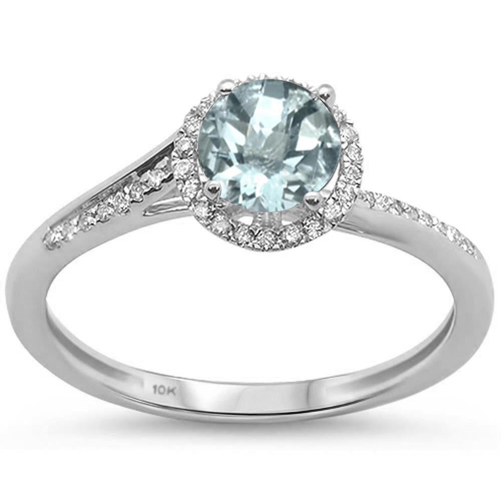 .44ct 10k White GOLD Natural Round Aquamarine & Diamond Ring Size 6.5