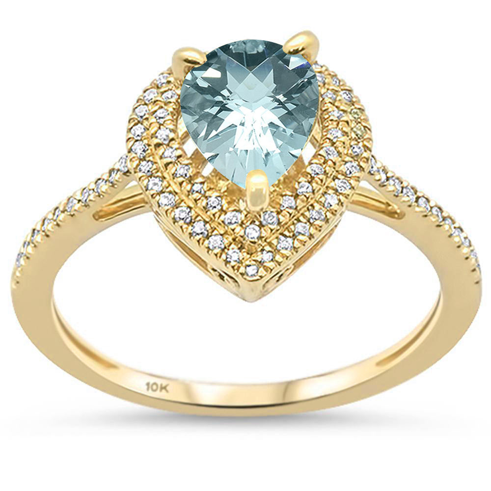 .98ct F SI 10k Yellow Gold Pear Shaped Natural Aquamarine Diamond RING Size 6.5