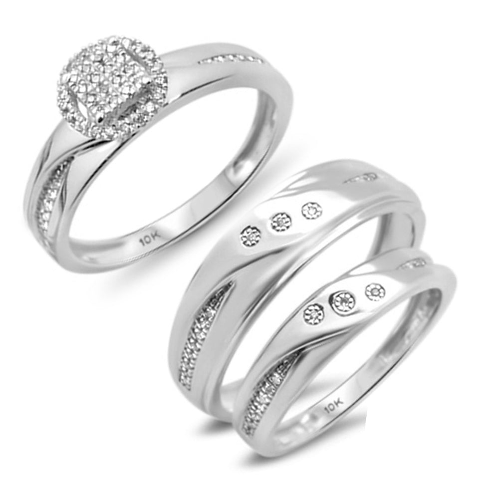 .19ct 10k White GOLD Diamond Men's & Womens Trio Ring Set