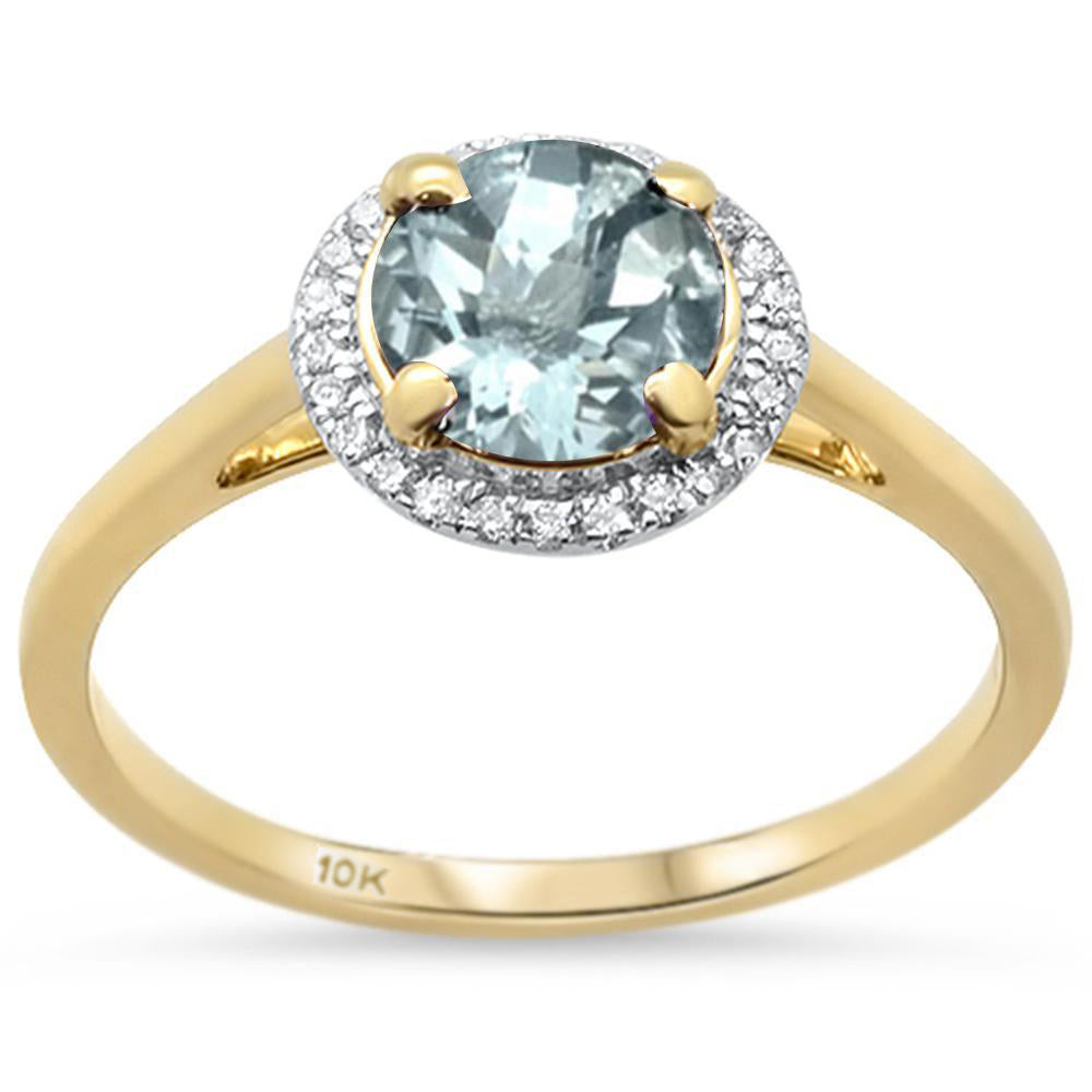 .80ct F SI 10k Yellow Gold Natural Round Aquamarine & Diamond RING Size 6.5