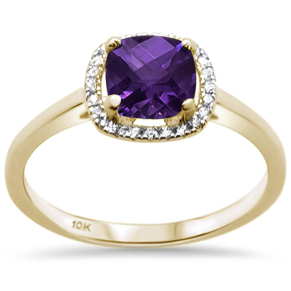 .92ct F SI 10k Yellow GOLD Cushion Cut Natural Amethyst & Diamond Ring Size 6.5