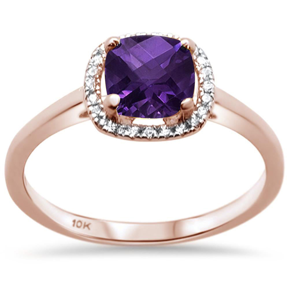 .92ct F SI 10k Rose Gold Cushion Cut Natural Amethyst & Diamond RING Size 6.5