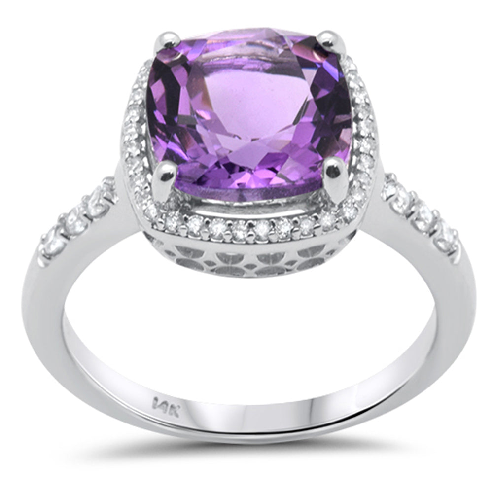 ''SPECIAL! 3.20ct G SI 14K White GOLD Cushion Cut Halo Amethyst & Round Diamond Ring Size 6.5''