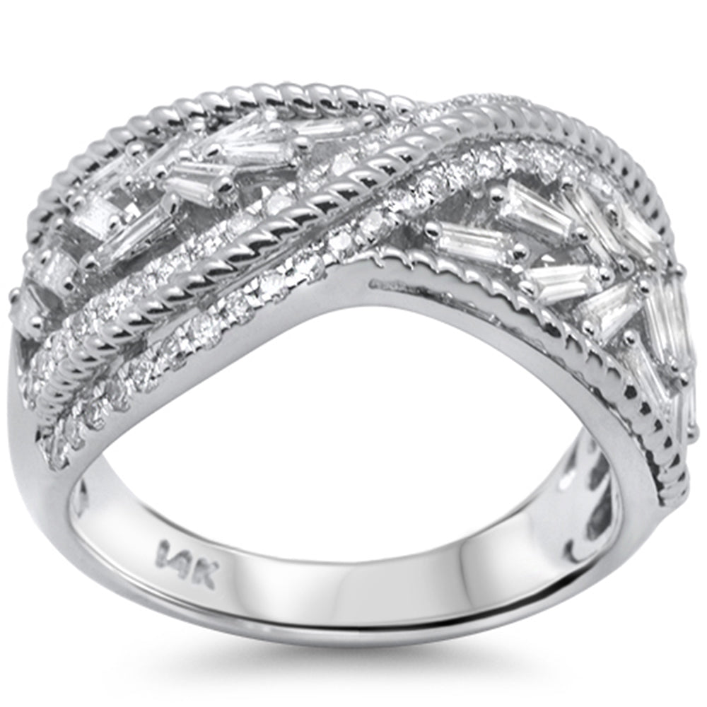 ''SPECIAL! .95ct G SI 14K White Gold Round & Baguette Diamond Criss Cross Women's RING Size 7''