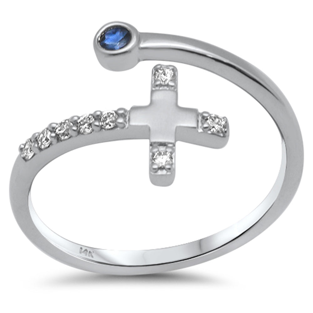 ''SPECIAL! .11ct G SI 14K White Gold Diamond Side Cross Diamond & Blue Sapphire Open RING Band''