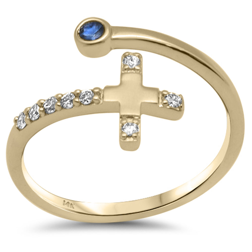 ''SPECIAL! .11ct G SI 14K Yellow Gold DIAMOND Side Cross DIAMOND & Blue Sapphire Open Ring Band''