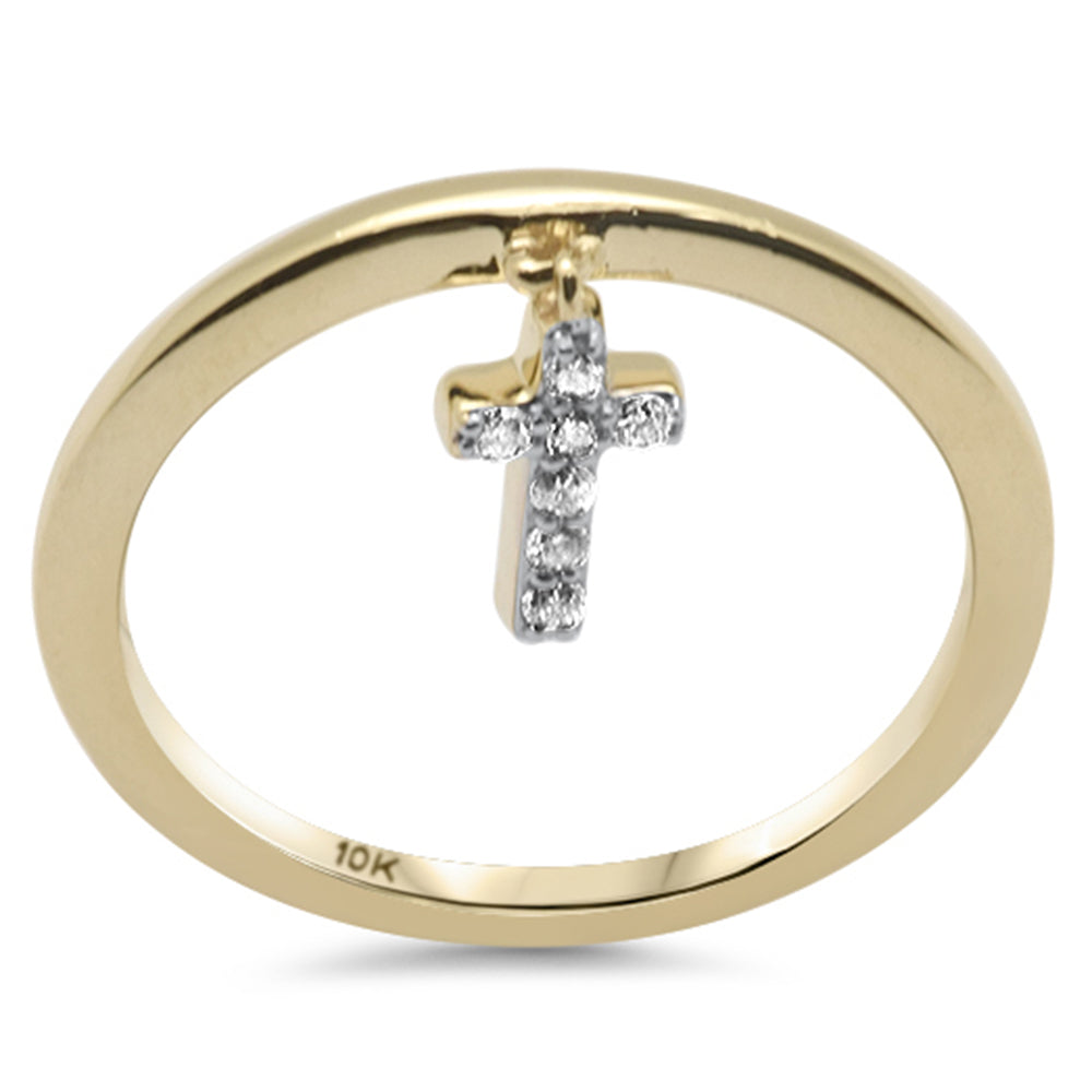 .07ct G SI 10K Yellow Gold Diamond Cross Dangle RING Band Size 6.5