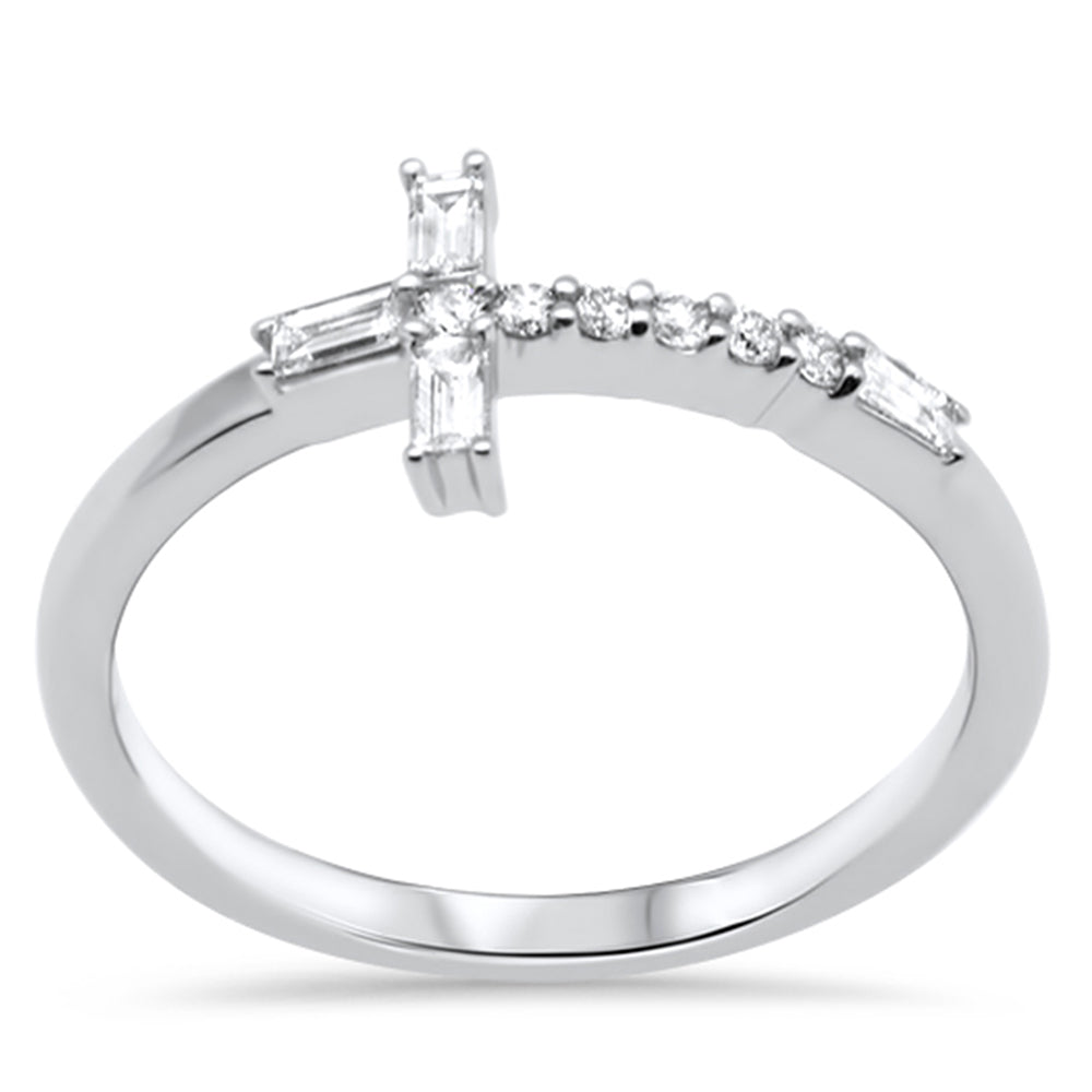 ''SPECIAL! .21ct G SI 14K White Gold Round & Baguette DIAMOND Cross Ring Band Size 6.5''