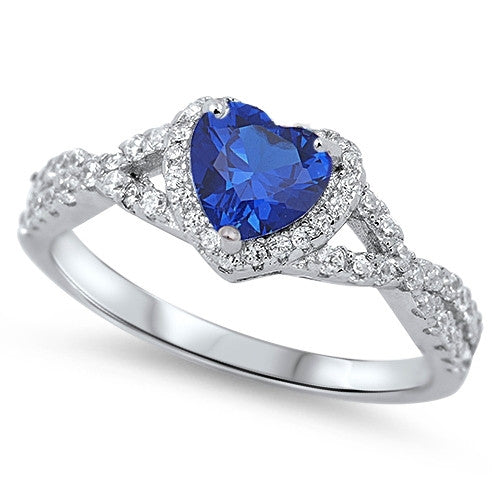 Heart with Blue Sapphire Cubic Zirconia .925 Sterling Silver Ring Size ...