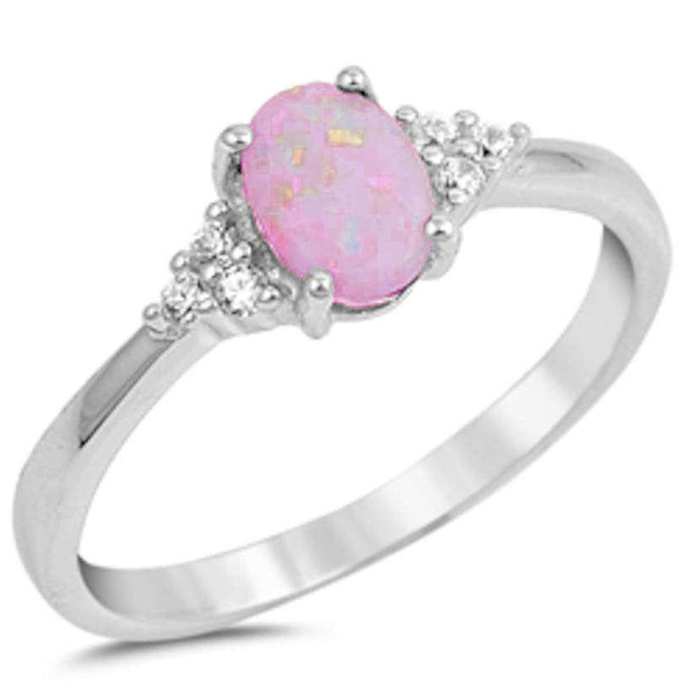 Oval Pink Opal & Round Cz .925 Sterling Silver Ring Sizes 5-10