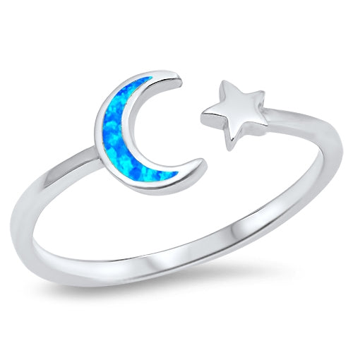 Blue Opal Wraparound Moon and Star  .925 Sterling Silver RING Sizes 3-10