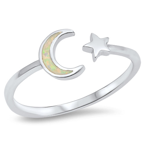 White Opal Wraparound Moon and Star  .925 Sterling Silver RING Sizes 4-10