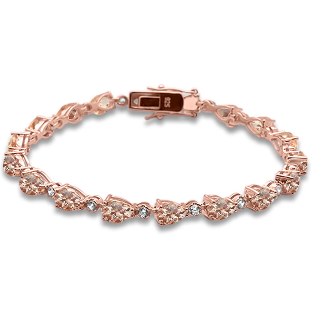 ''Rose Gold plated Pear Morganite & CUBIC ZIRCONIA .925 Sterling Silver Bracelet 7.5'''' Long''