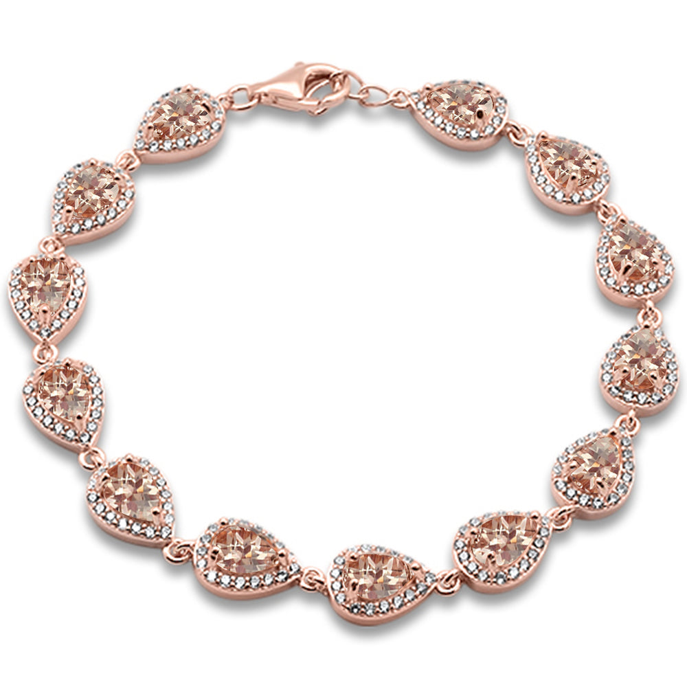 ''CLOSEOUT! Rose Gold Plated Pear Morganite & CUBIC ZIRCONIA .925 Sterling Silver Bracelet 7.5'''' Long