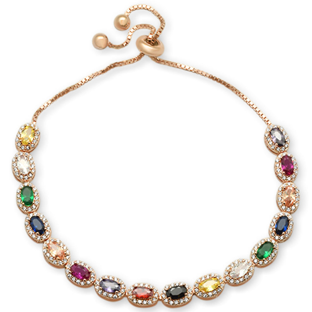 ''Rose Gold plated Oval Multicolor Gemstones CZ .925 Sterling Silver 7-9'''' Adjustable Toggle Bola BRA