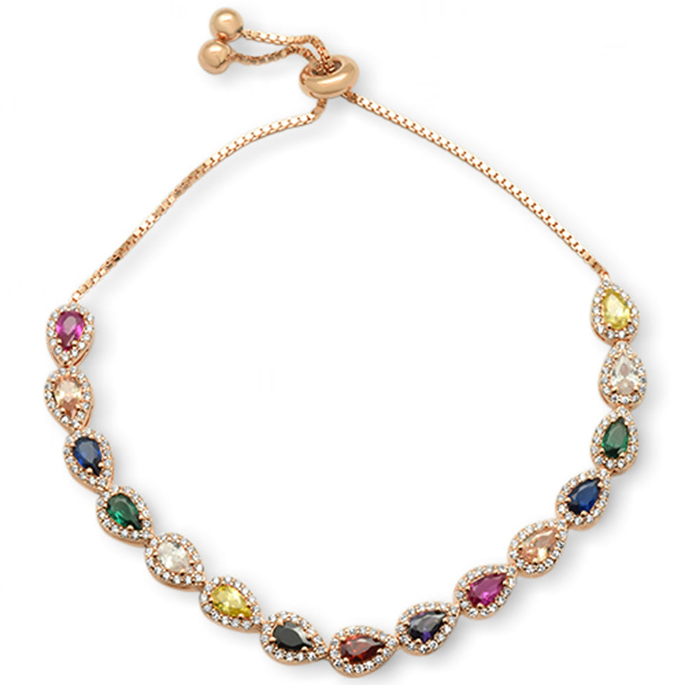 ''Rose Gold plated Pear Multicolor Gemstones CZ .925 Sterling Silver 7-9'''' Adjustable Toggle Bola BRA