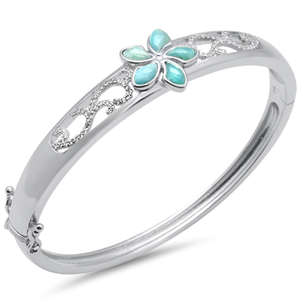 Plumeria Natural Larimar & CZ .925 Sterling Silver Bangle BRACELET