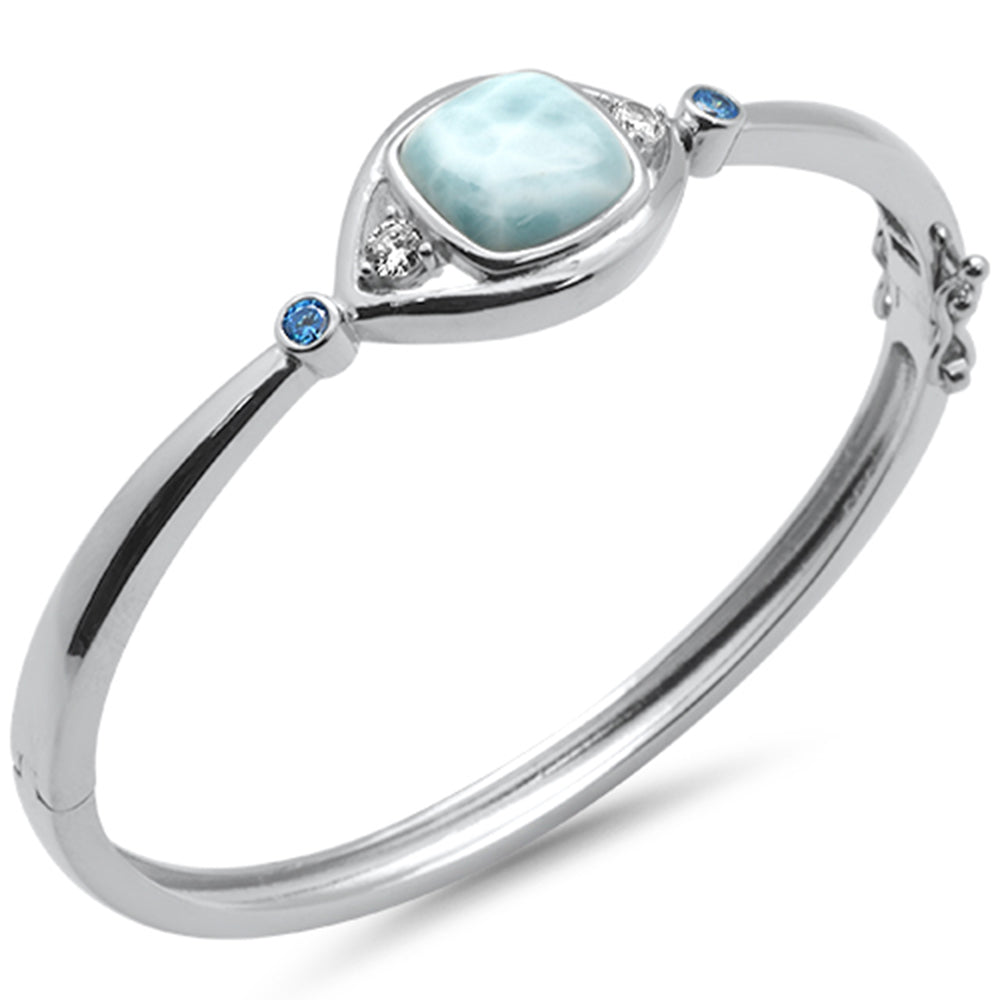 ''Cushion Shaped Natural Larimar, Blue Topaz & CZ .925 Sterling Silver BANGLE Bracelet''