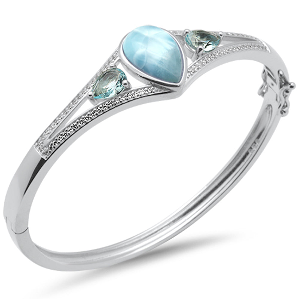 ''Pear Shaped Natural Larimar, Aquamarine & CZ .925 STERLING SILVER Bangle Bracelet''