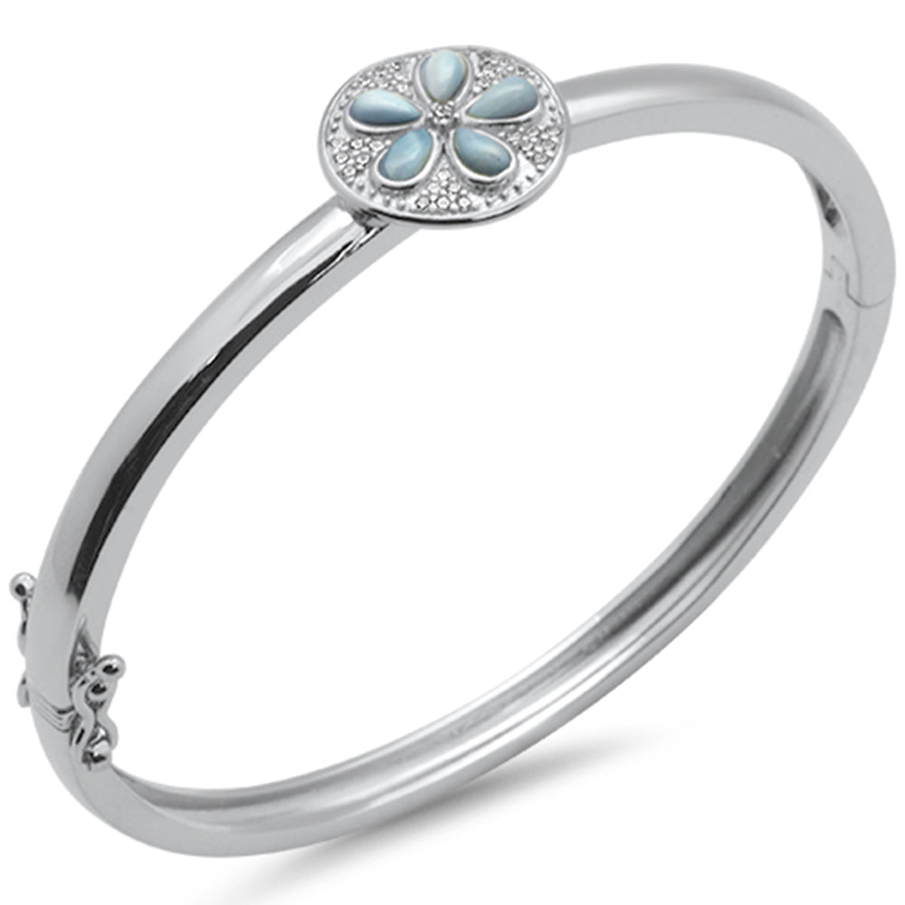 Natural Larimar Flower .925 Sterling Silver Bangle BRACELET