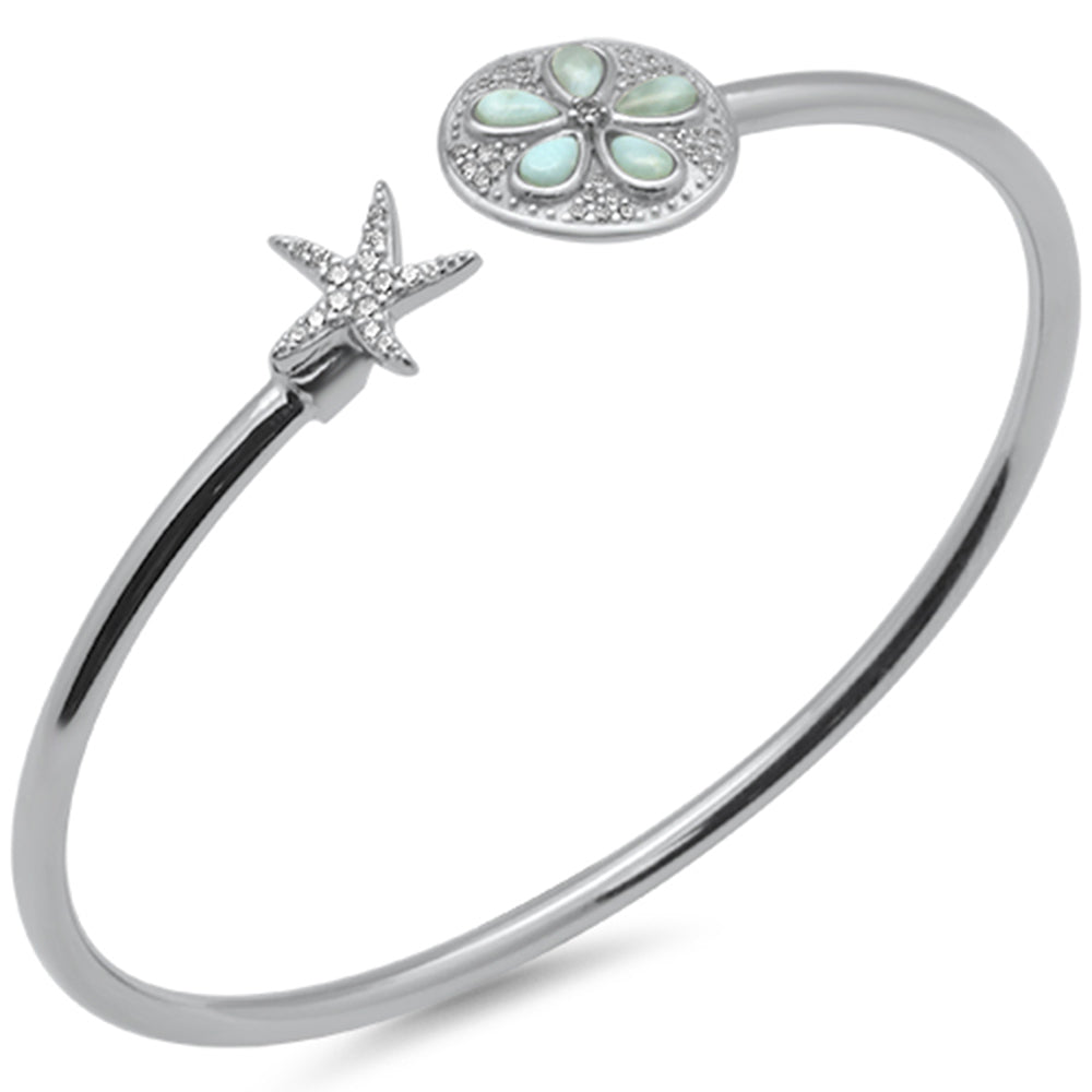 Starfish & Sand Dollar Plumeria Natural Larimar & CZ .925 STERLING SILVER Cuff Bracelet