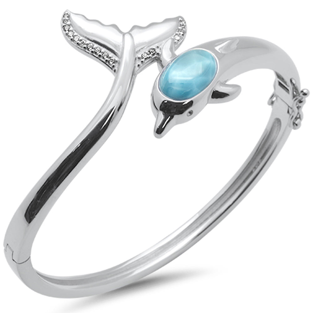 Dolphin Natural Larimar & CZ .925 Sterling Silver BANGLE Bracelet