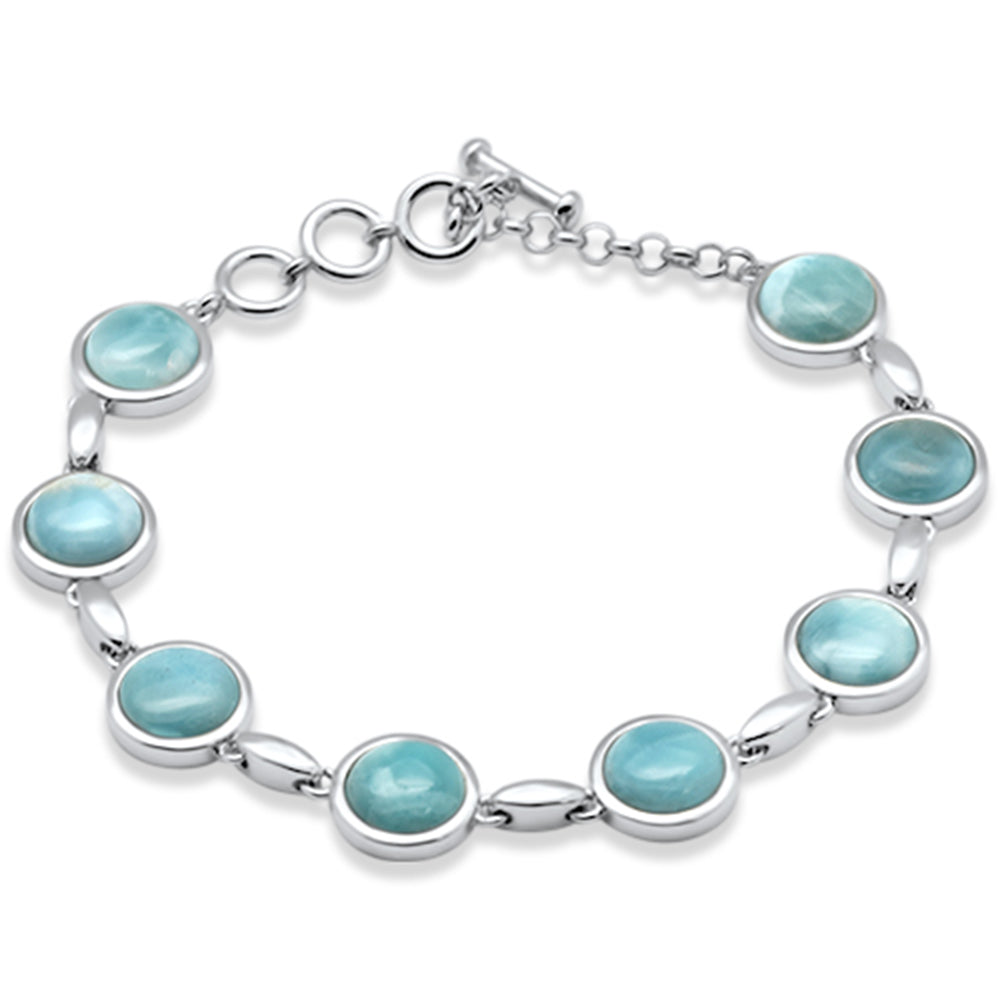 ''Round Natural Larimar .925 Sterling Silver BRACELET 7'''' Long Adjustable''