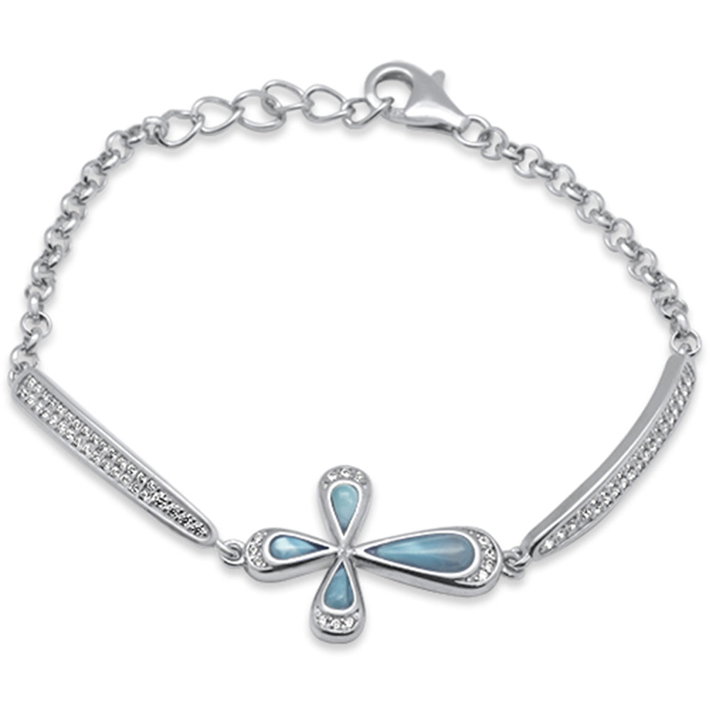 ''Natural Larimar Sideways Cross  .925 STERLING SILVER Bracelet 6-8'''' Extension''